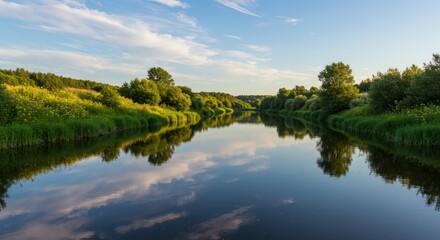 Obraz premium Serene River Reflection: A Summer Evening Landscape