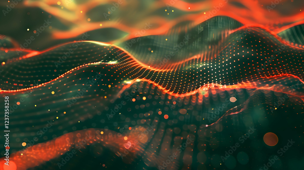 Poster Abstract digital waves with glowing dots and flowing patterns in red and green hues.
