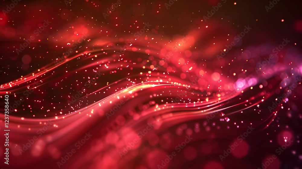 Poster a vibrant abstract design featuring flowing red waves and glowing particles.