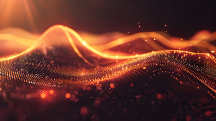 Abstract wave patterns with glowing particles and light effects.