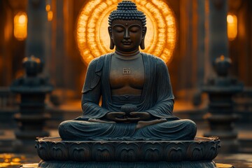 Fototapeta premium Serene Buddha statue meditating in temple