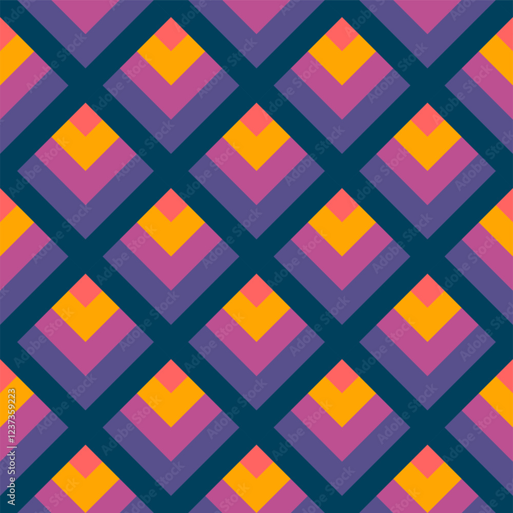 Poster vector design of a repeating pattern of straight shapes with a gradient between purple and orange