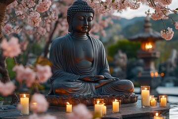Serene Buddha statue amidst cherry blossoms, candles, and lanterns