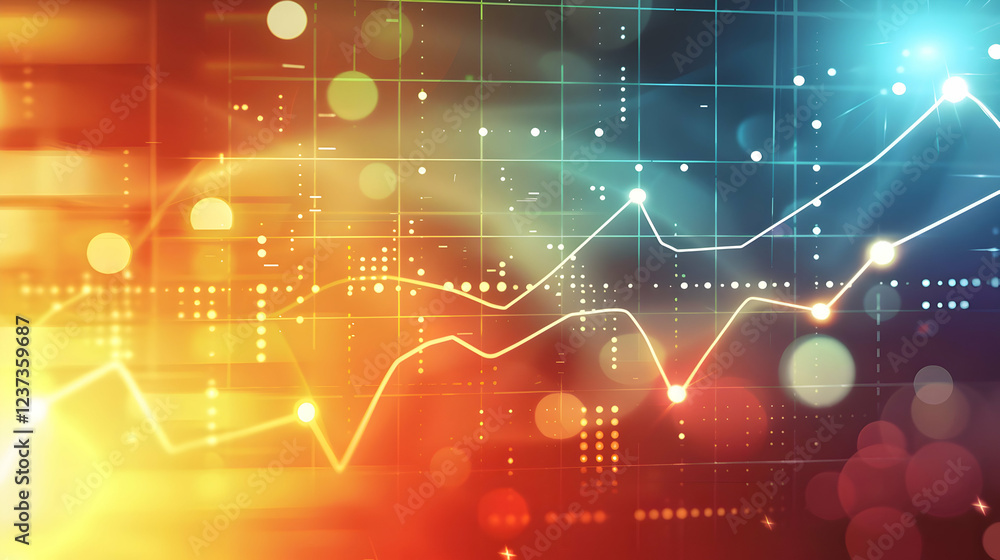 Poster abstract data visualization with colorful lines and dots representing trends and analytics.