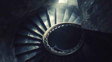 A gothic spiral staircase descending into darkness,