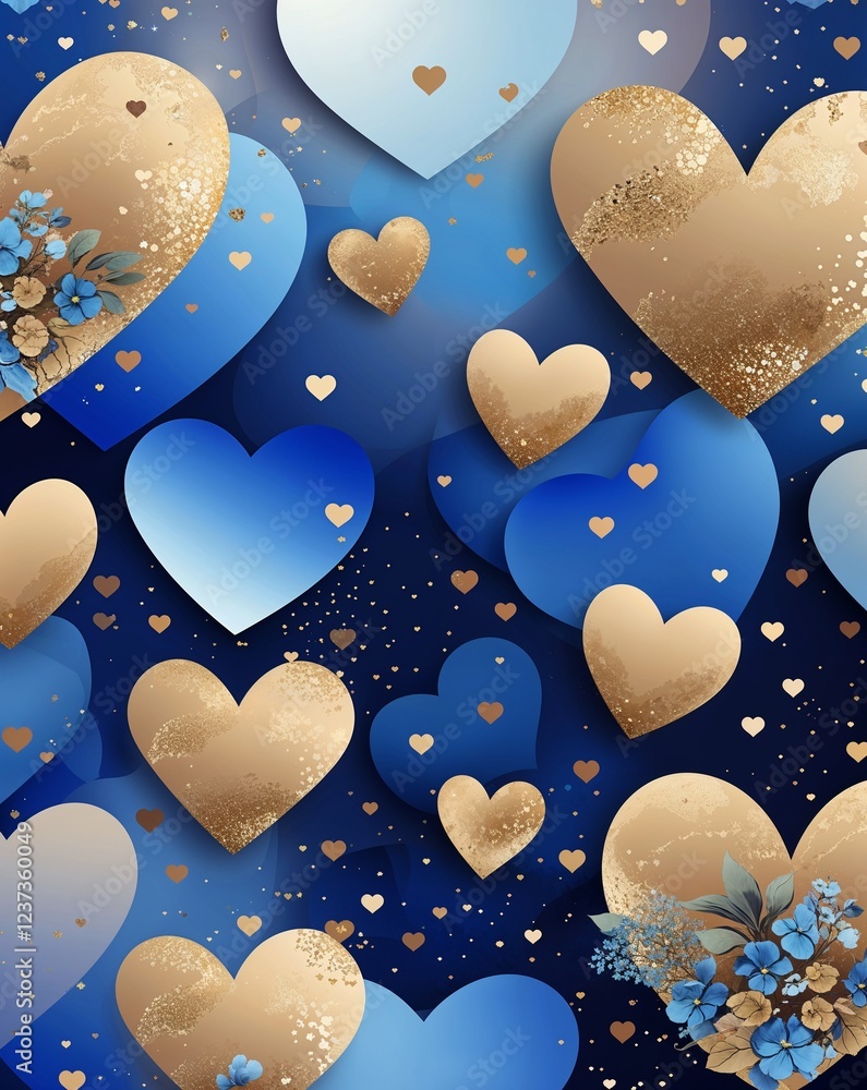 Poster blue and gold soft gradient with heart patterns abstract romantic valentines concept background