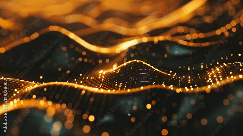 Poster abstract representation of flowing golden waves with sparkling lights.