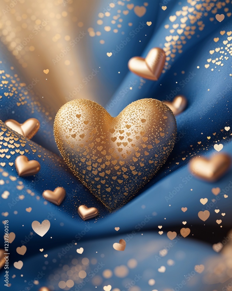 Poster blue and gold soft gradient with heart patterns abstract romantic valentines concept background