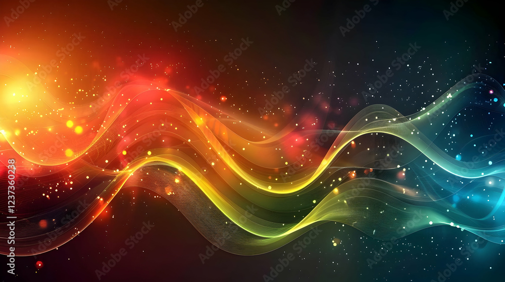 Poster abstract colorful wave design with glowing particles and smooth gradients.