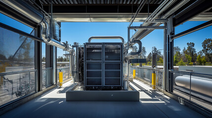 Fototapeta premium A sweeping wide shot of a high-tech heat exchanger in an expansive industrial facility, surrounded by large pipes, equipment, and clear blue skies visible through open factory windows