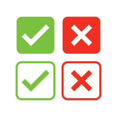 Check mark, Tick  and X mark icon. Checkmark and x mark icon for apps and websites. Green and red check  icon for UIUX app icons. Set check mark and cross. Vector illustration