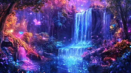 A hidden enchanted waterfall in a glowing forest,