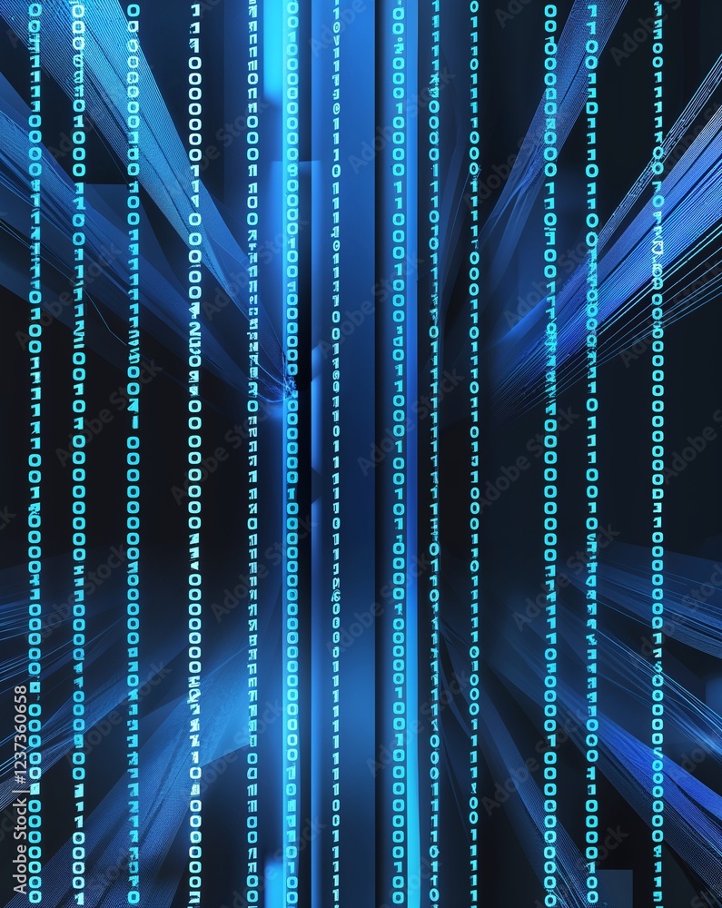 Aufkleber Blue and silver binary code background with abstract lines