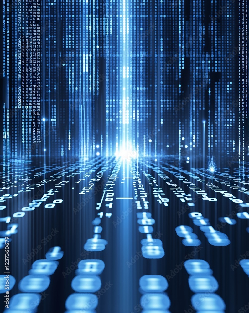 Poster blue and silver binary code background with abstract lines