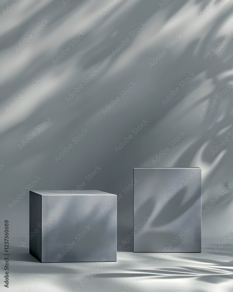 Poster two gray cubic display platforms with leaf shadows