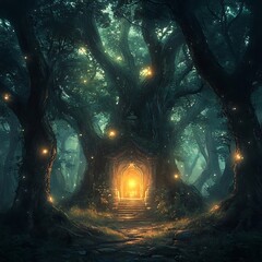 A magical shrine glowing in the middle an enchanted forest, surrounded by luminous, ancient trees. 
