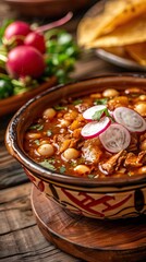 Savor the taste of authentic Mexican red pozole, beautifully presented with radish, lettuce, hominy, and tender pork. AI generated illustration