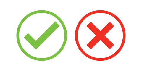 Set of check mark and cross icon buttons. Checkbox icon with true and false buttons or yes or no check mark icon. Isolated check mark symbol, right and wrong sign concept.