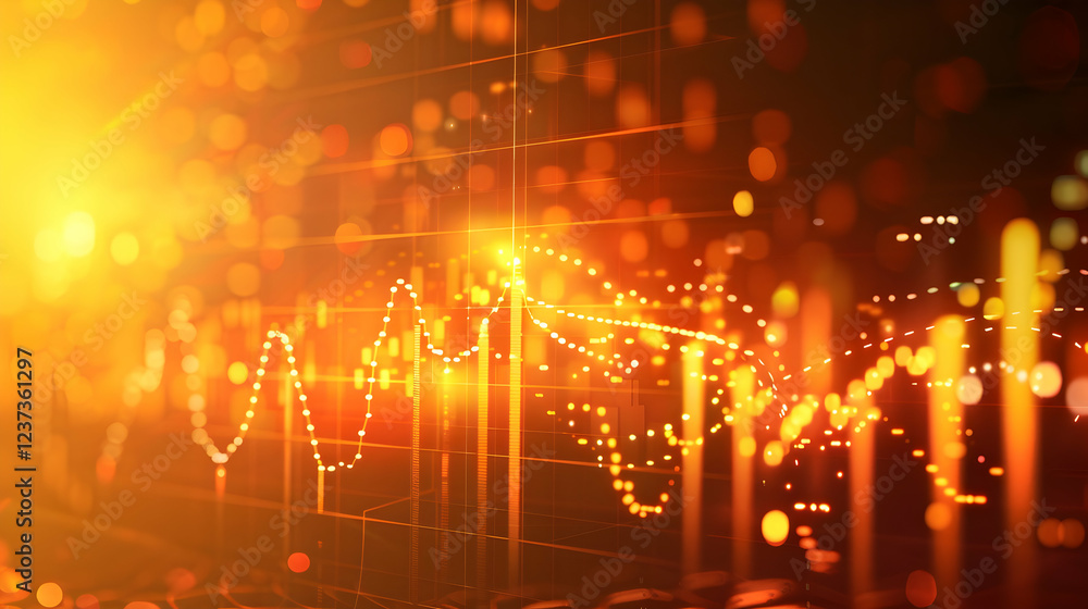 Poster abstract visualization of data trends with glowing lines and bokeh effects.