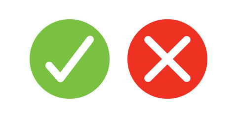 Check mark, Tick  and X mark icon. Checkmark and x mark icon for apps and websites. Green and red check  icon for UIUX app icons. Set check mark and cross. Vector illustration