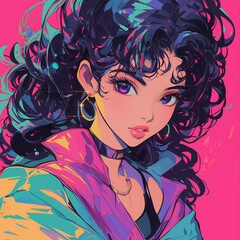 Naklejka premium 80sアニメ×シンセウェーブ｜レトロフューチャーなスタイルの女性キャラクター。日本のアニメをモチーフにした、アイコンにも使える素材。1 into 1 Ratio Size,square size 1:1