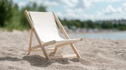 Fototapeta premium Empty beach chair, sunny day, relaxing scene, summer vacation