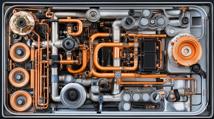A top-down view of an industrial heat exchanger with pipes and valves, showcasing the complexity of the system, industrial design with a touch of minimalism