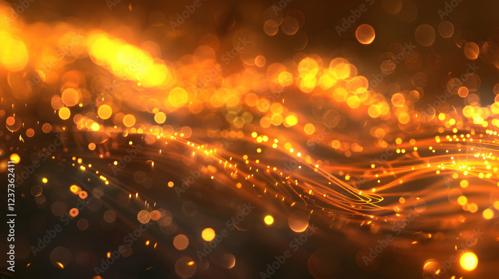 Poster abstract golden waves with glowing particles creating a dynamic, vibrant atmosphere.