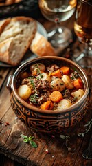 Irish dinner. Beef meat stewed with potatoes, carrots and soda bread on wooden background, top view, copy space. Homemade winter comfort food. AI generated illustration