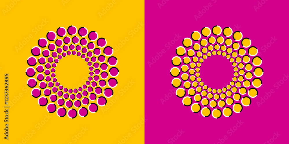 Poster vector design of optical illusion of concentric circles moving in a static image in yellow and tones