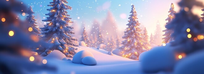 Snowy forest sunset, winter wonderland, glowing lights