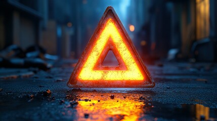 Glowing Metal Triangle Warning Sign on Dark Street