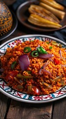 Jollof Rice. Traditional Nigerian spicy rice dish. National Jollof Rice day. AI generated illustration