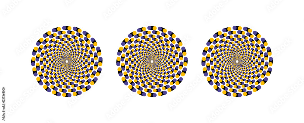 Poster abstract vector design of optical illusion of three moving circles on white background