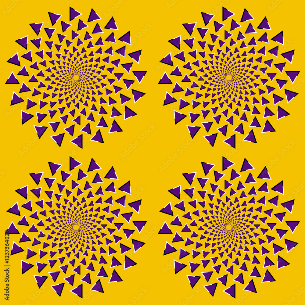 Poster vector design of optical illusion of four concentric triangles moving in a static image in yellow an
