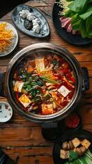 Overhead shot of Chinese Sichuan two-flavor hot pot, spicy and mushroom soup. Top view. AI generated illustration
