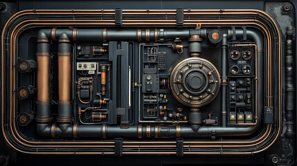 Obraz premium A top-down view of an industrial heat exchanger with pipes and valves, showcasing the complexity of the system, industrial design with a touch of minimalism