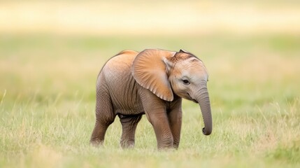 Fototapeta premium Baby elephant in African savanna grassland