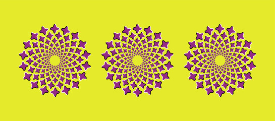 Optical illusion vector design of moving purple circles on a green background