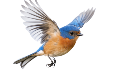 Eastern bluebird flapping wings in mid-flight on transparent background