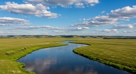 Serene River Winding Through Verdant Plains Under a Summer Sky