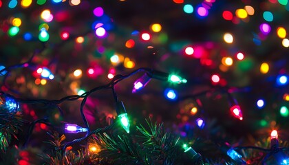 Colorful Christmas lights illuminate a festive scene