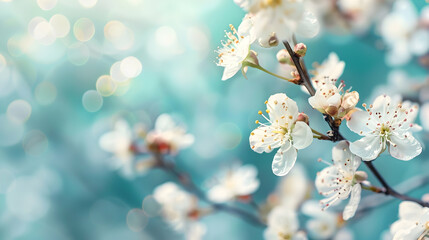 Fototapeta premium A close-up of delicate white flowers on a branch against a soft, blurred background.