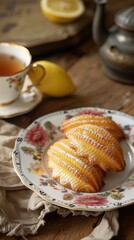 Perfect French madeleine cookies, buttery and delicate, served with cup of coffee. Light gray background. Top view. AI generated illustration