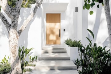 Charming entrance with wooden door surrounded by lush greenery and modern design leading to a serene space in a contemporary home