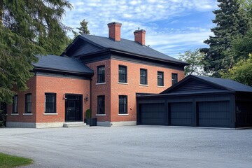 Stunning modernized brick house features a classic design with a spacious driveway nestled in a peaceful neighborhood during a clear sky afternoon