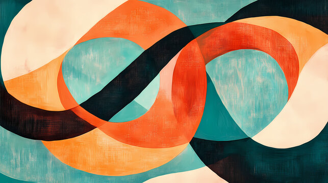 Lyrical abstract featuring overlapping loops and curves in dynamic orange and teal shades. Lyrical Abstract. Illustration