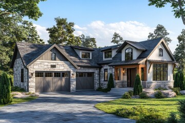 Naklejka premium This contemporary stone house, nestled in a tranquil neighborhood, features stunning architectural design and is beautifully encircled by vibrant greenery under the warm light of day