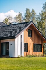 Obraz premium Modern wooden house with large windows located in a peaceful outdoor setting surrounded by trees on a sunny day in early summer
