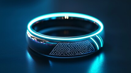 A minimalist wearable tech ring with glowing edges, subtle patterns etched into the surface, and a soft neon glow highlighting its features.